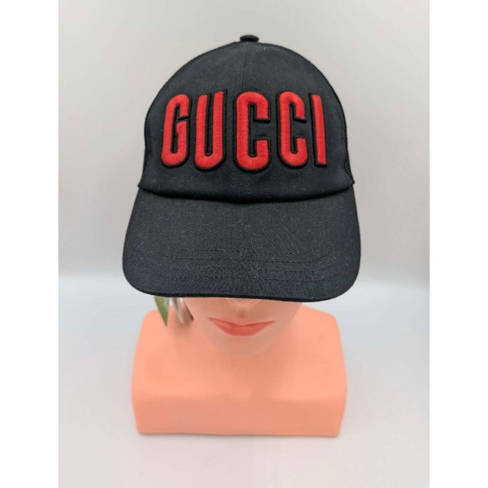 Gucci Embroidered Trucker Mesh Red Logo Cotton Hat Black 701324 - Picture 5 of 11